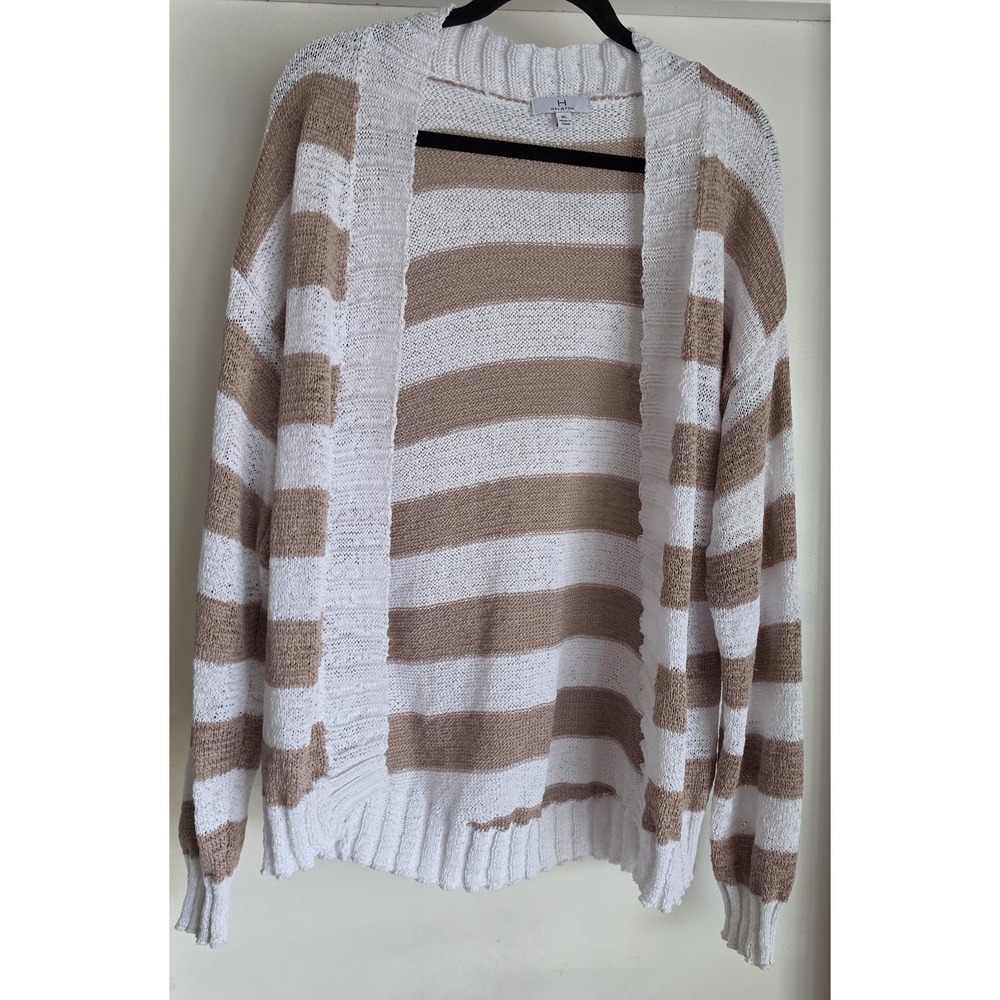 Halston Cardigan XL White Beige Striped Long Sleeve Sweater Women Knit Top